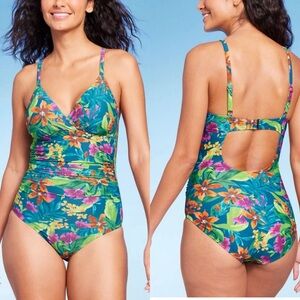 NWT Kona Sol Floral One-Piece Swimsuit‎ in Blue Multicolor - S